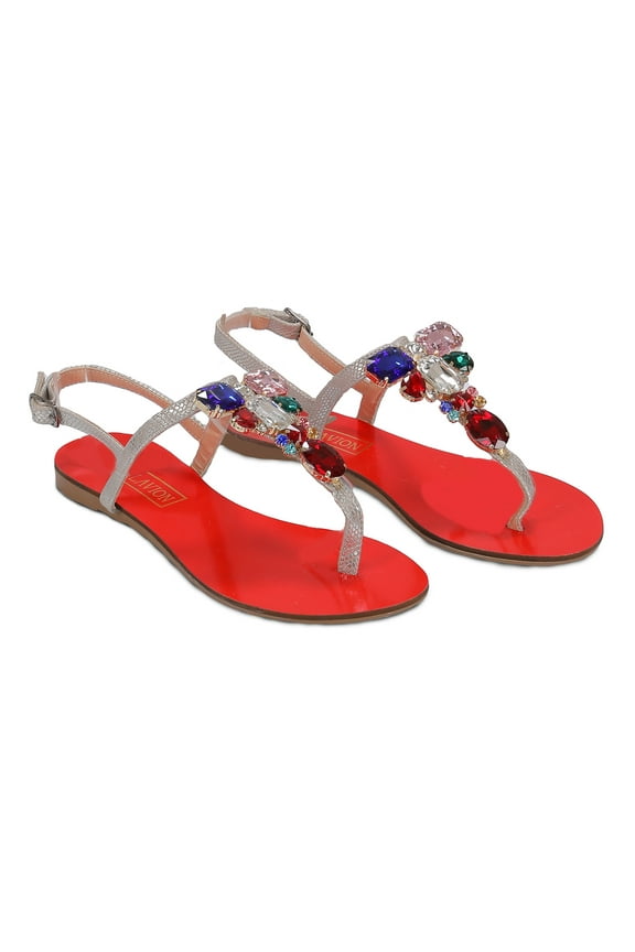Rio Red Silver Crystal Cluster T-Strap Sandal-7 for Womens