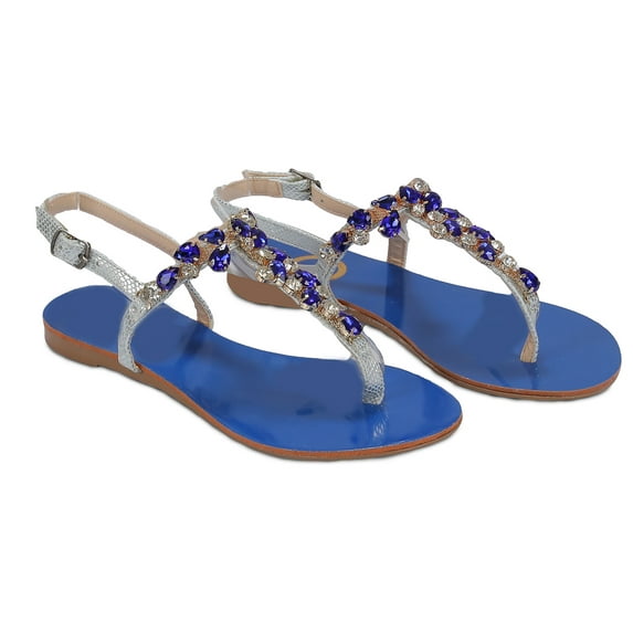 Ventutto Rio Turquoise Blue Crystal Cluster T-Strap Sandal-8 for Womens