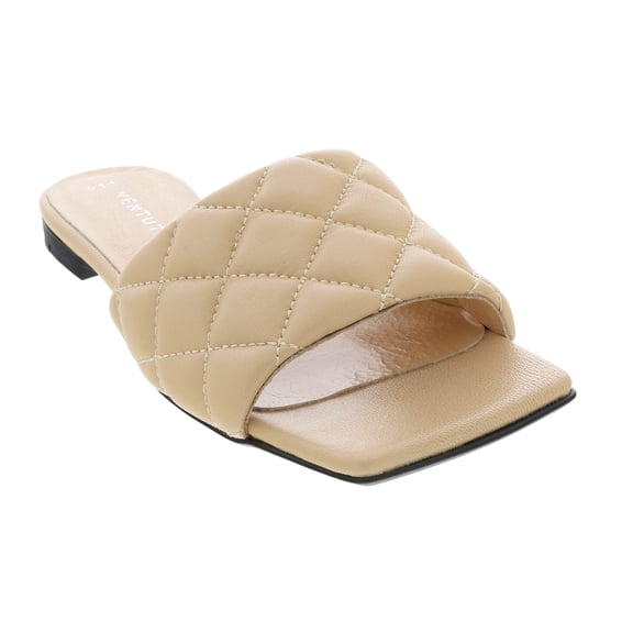 Ventutto Sand Quilted Flat Slide Leather Slipper-9 for womens