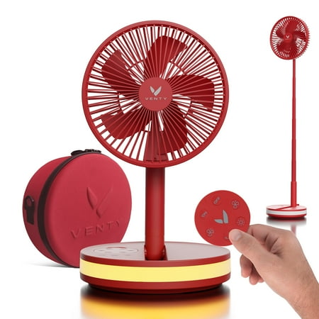 VENTY Portable Fan - Wireless Battery Operated Fan, 48HR Run Time 16000MAH Oscillating Rechargeable Fan, Remote Control & LED Lighting, Folding Telescopic Camping Fan (Red with Case)