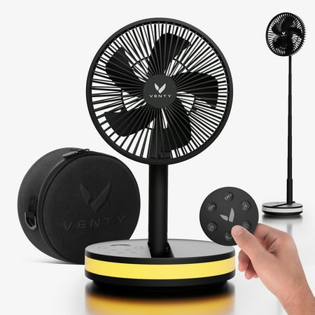 VENTY Portable Fan - Wireless Battery Operated Fan, 48HR Run Time 16000MAH Oscillating Rechargeable Fan, Remote Control & LED Lighting, Folding Telescopic Camping Fan (Black with Case)