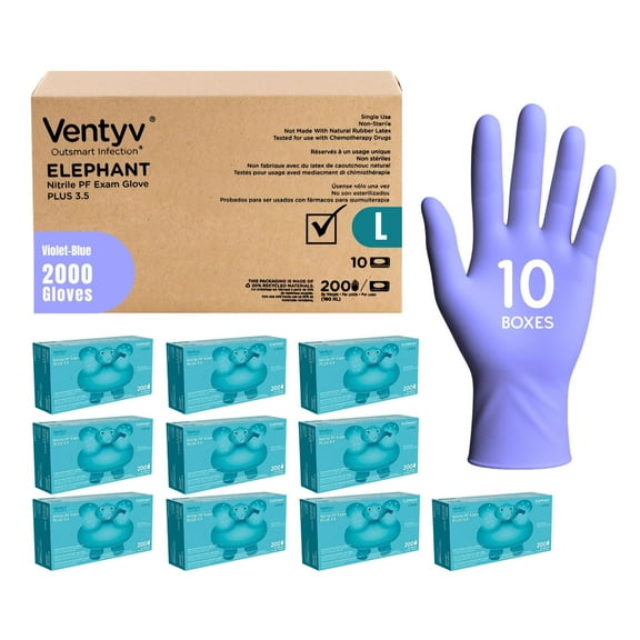 Ventyv Powder-Free Nitrile Disposable Gloves, Violet Blue (Elephant), 200 Count, 10 Pack, Size Large