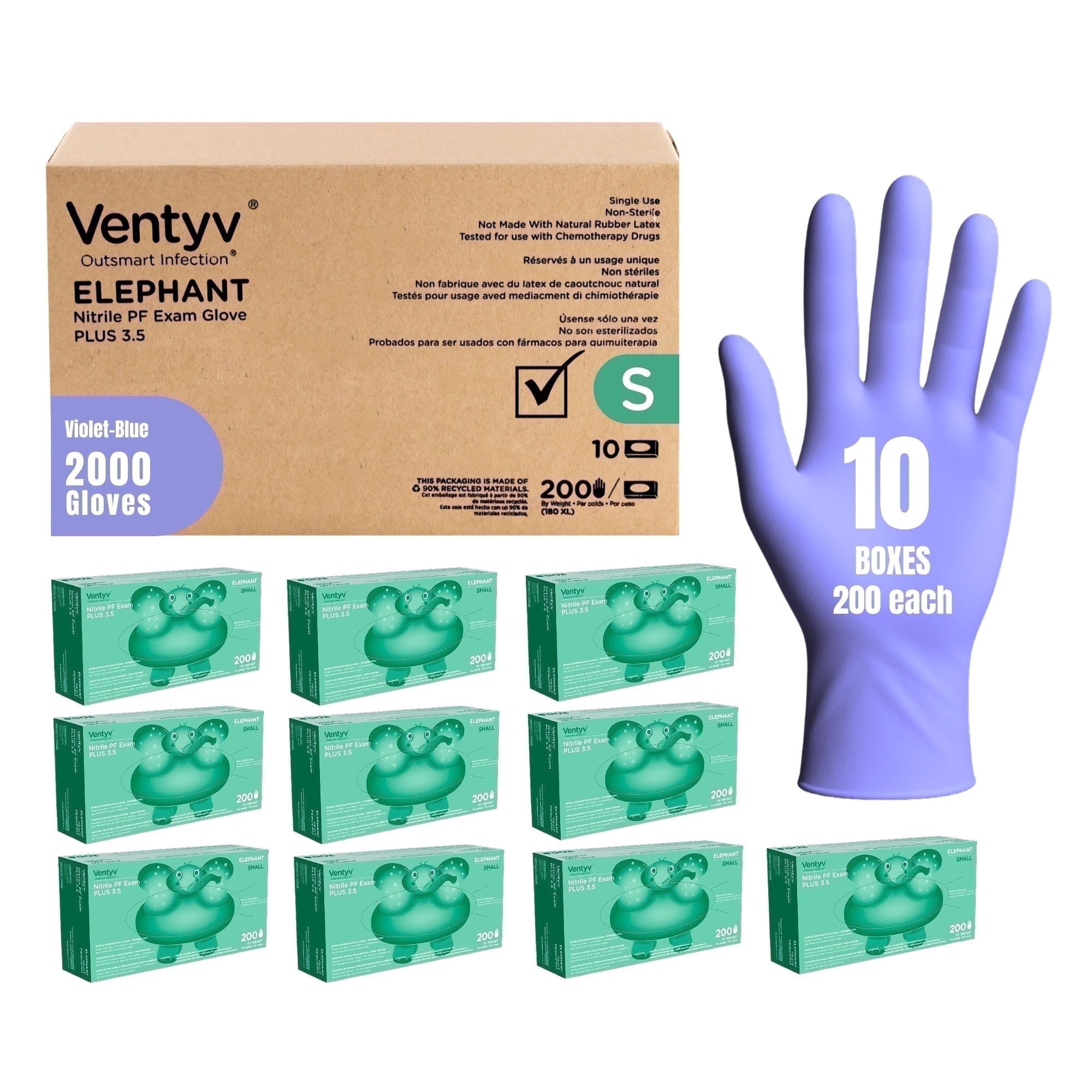 Ventyv Nitrile Exam Gloves – Violet Blue, 3.5 mil, Small – Latex-Free, Powder-Free – 2000 Gloves (10 Boxes of 200)