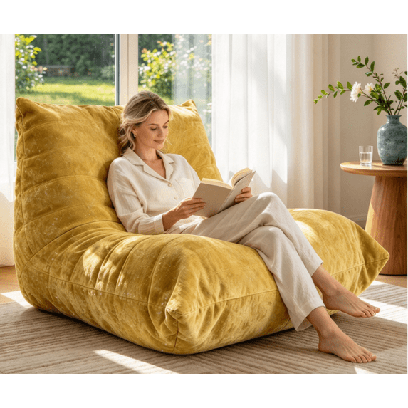 Venuezy Ergonomic Bean Bag Chair for Adults, L-Shaped Memory Foam Lounger with Full Body Support, Comfy Floor Sofa for Reading & Watching TV, Removable Cover, Quick Rebound, Home Decor
