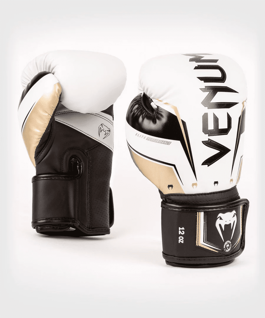 Venum Elite Evo Hook and Loop Boxing Gloves - 16 oz. - White/Gold 