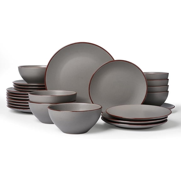 Venus Ceramic Plates and Bowls Sets, Speckled Dinnerware Dish Sets for 8 (24 Pieces) - Microwave and Dishwasher Safe, Matte Dark Grey