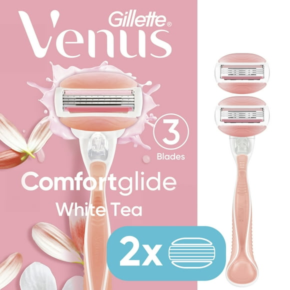 Venus ComfortGlide White Tea Razor for Women, 3 blades, Manual Razor, Handle and 2 Blade Refills, Pink