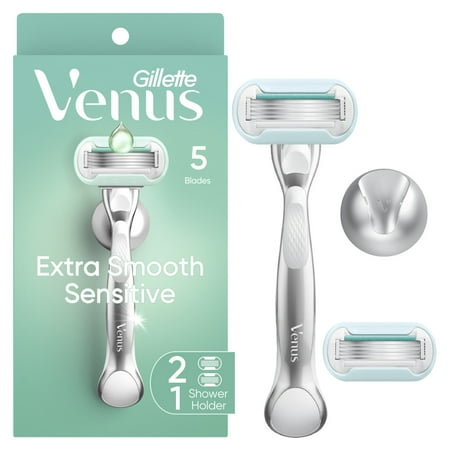 Venus Deluxe Smooth Sensitive Razor for Women, 5 blades, Manual Razor, Handle + 2 Razor Blade Refills, Silver