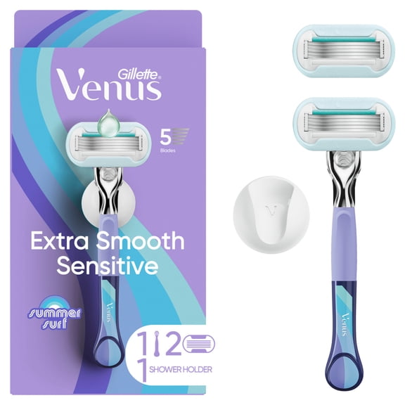 Venus Summer Surf Extra Smooth Sensitive Razor for Women, 5 Blades, Manual Razor, Handle + 2 Razor Blade Refills + Shower Hook, Purple