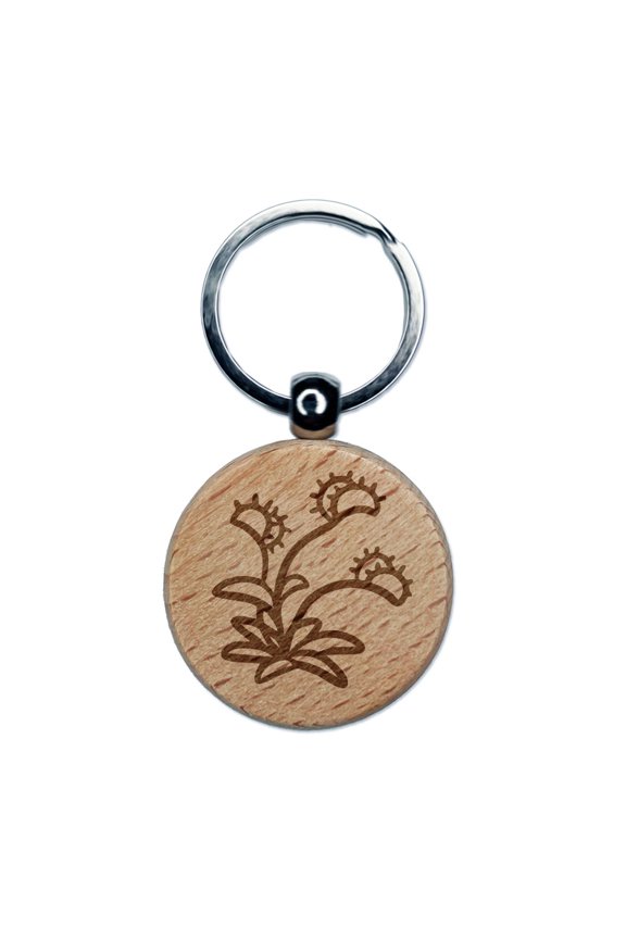 Venus Fly Trap Simple Stylized Carnivorous Plant Engraved Wood Round Keychain Tag Charm