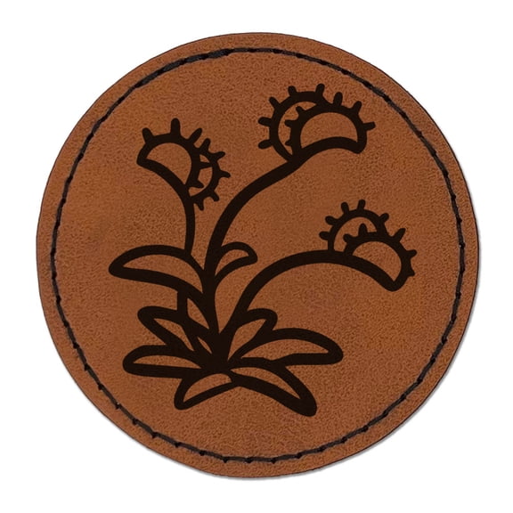 Venus Fly Trap Simple Stylized Carnivorous Plant Round Iron-On Engraved Faux Leather Patch Applique - 2.5 Inch - Brown