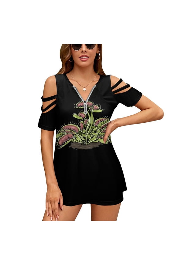 Venus Fly Trap Tshirt Carnivorous Plant Womens Summer V Neck Zipper Top Short Sleeve T Shirt Off Shoulder Top Casual Classy Loose Shirts
