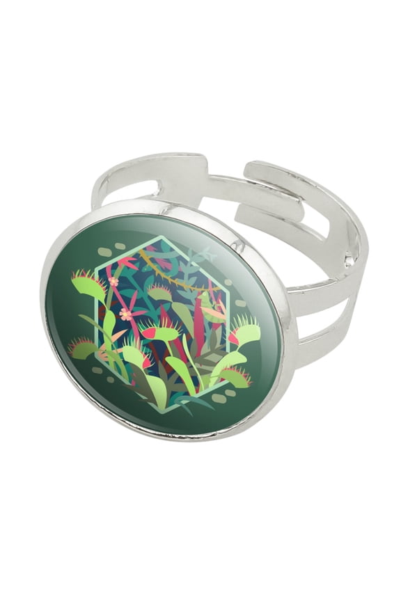 Venus Fly Trap and Tropical Plants Silver Plated Adjustable Novelty Ring