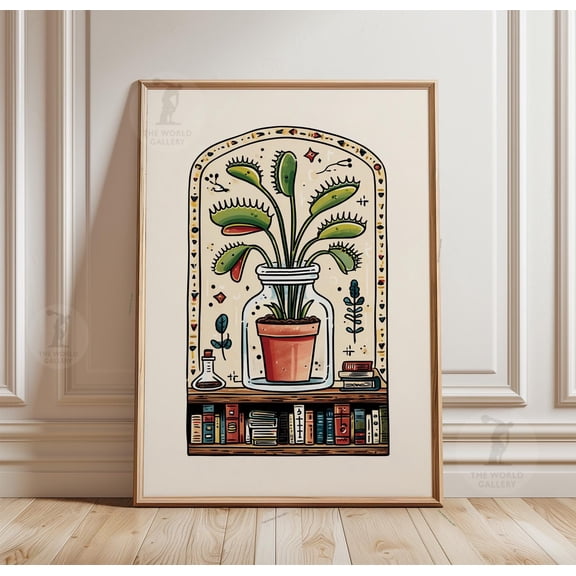 Venus Flytrap Print, Apothecary Jar Botanical, Bookshelf Oddities Decor, Poster Only