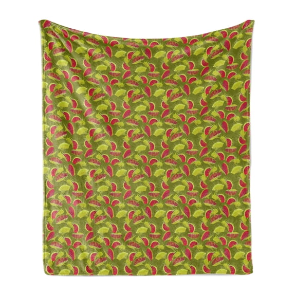 Venus Flytrap Soft Flannel Fleece Throw Blanket, Carnivorous Plantation Botanical Themed Print, Cozy Plush for Indoor and Outdoor Use, 70" x 90", Apple Green Dark Coral, by Ambesonne