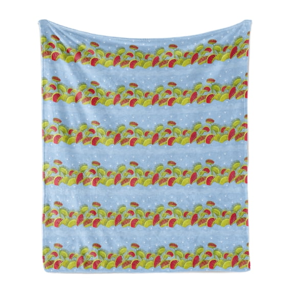 Venus Flytrap Soft Flannel Fleece Throw Blanket, Endemic Flower Type and Flies, Cozy Plush for Indoor and Outdoor Use, 50" x 60", Baby Blue Multicolor, by Ambesonne