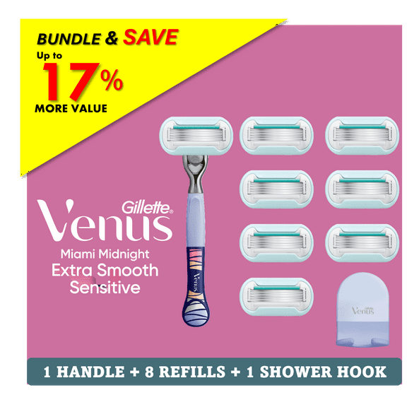 Venus Miami Midnight Extra Smooth Sensitive Manual Razor Bundle with 8 Blade Cartridge Refill