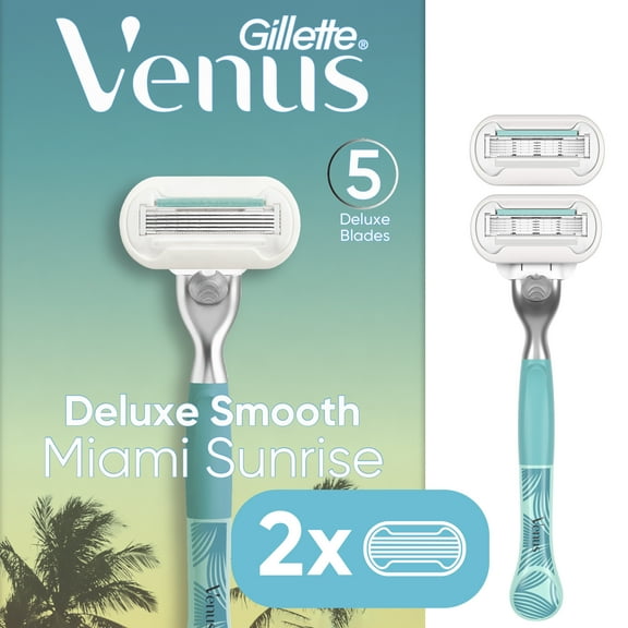 Venus Miami Sunrise Deluxe Smooth Sensitive Razor for Women, 5 blades, Manual Razor, Handle +2 Blade Razor Refills, Blue