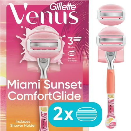 Venus Miami Sunset ComfortGlide Razor for Women, 3 blades, Manual Razor, Handle + 2 Razor Blade Refills, Pink