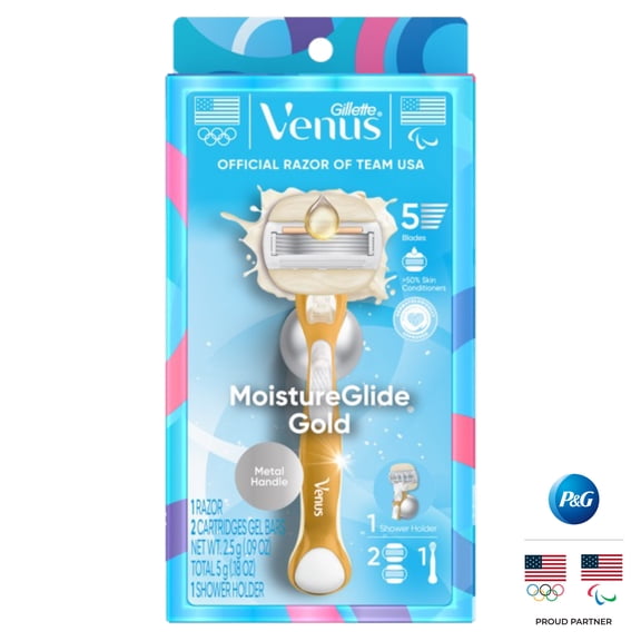 Gillette Venus MoistureGlide Gold Women's Razor Handle + 2 Blade Refills, includes Shower Holder