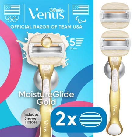 Gillette Venus MoistureGlide Gold Women's Razor Handle + 2 Blade Refills, includes Shower Holder