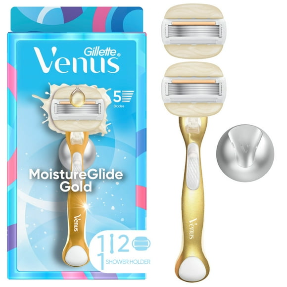 Venus MoistureGlide Olympics Gold Razor for Women, Limited Edition, 5 Blades, Manual Razor, Handle + 2 Razor Blade Refills + Shower Hook, Gold