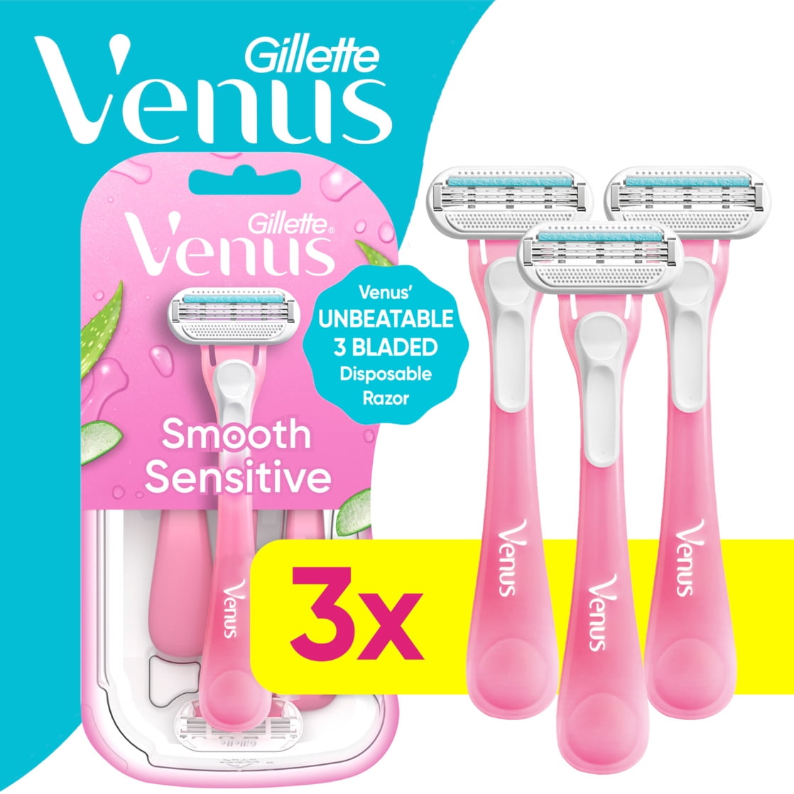 AQUA VENUS 3点セット Venus Gillette Sensitive Women's 3-Blade Disposable Razor for Hair