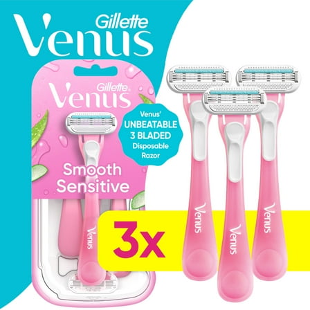 Venus Sensitive Women's 3 Blade Disposable Razor, 3 count, Pink