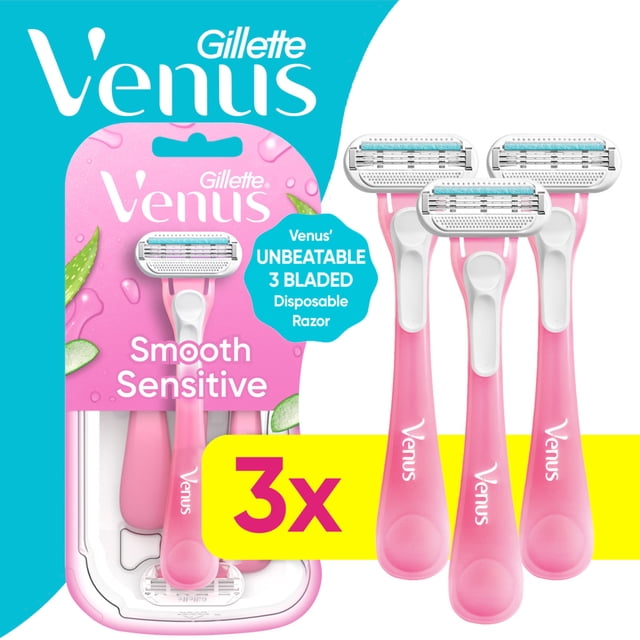 Gillette Pink Razor Venus Gillette Sensitive Women's 3-Blade Disposable Razor for Hair and ...