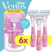 Venus Sensitive Womens 3 Blade Disposable Razor, 6 count, Pink