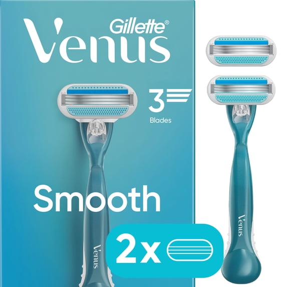 Venus Smooth Women's Razor Handle with 2 Blade Refills, Blue