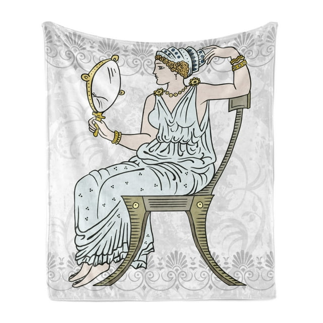 Venus Soft Flannel Fleece Blanket, Greek Woman Silhouette in Toga Sitting on a Chair Holding a Mirror Roman Illustration, Cozy Plush for Indoor and Outdoor Use, 70" x 90", Multicolor, by Ambesonne