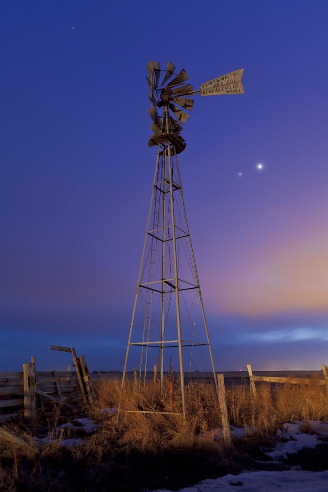 Venus and Jupiter are visible behind an old farm water pump windmill Alberta Canada Canvas Art - Alan DyerStocktrek Images (12 x 18)