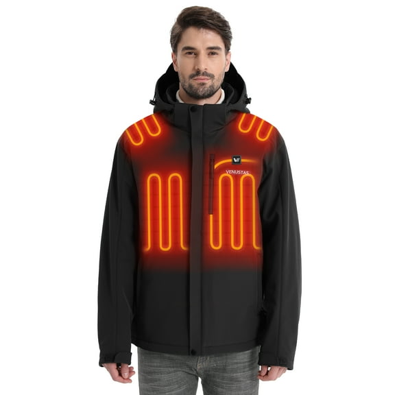 Venustas Heated Jacket for Men with Battery Pack 7.4V, Windproof Detachable Hood USB Charging Winter Heated Coat for Hiking Skiing Camping(Black, S)