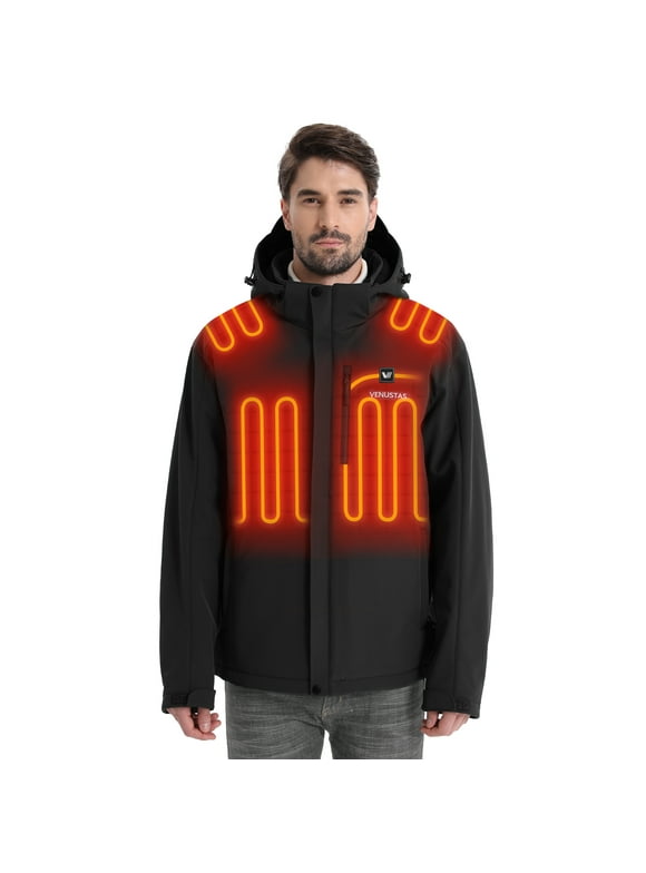 Heated Jacket for Men with Battery Pack 7.4V, Windproof Detachable Hood USB Charging Winter Heated Coat for Hiking Skiing Camping(Black, S)