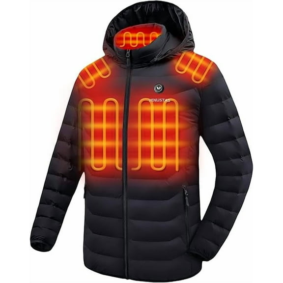 Venustas Heated Jacket with Battery Pack (Unisex), Heated Coat for Women and Men with Detachable Hood (Black,XS)