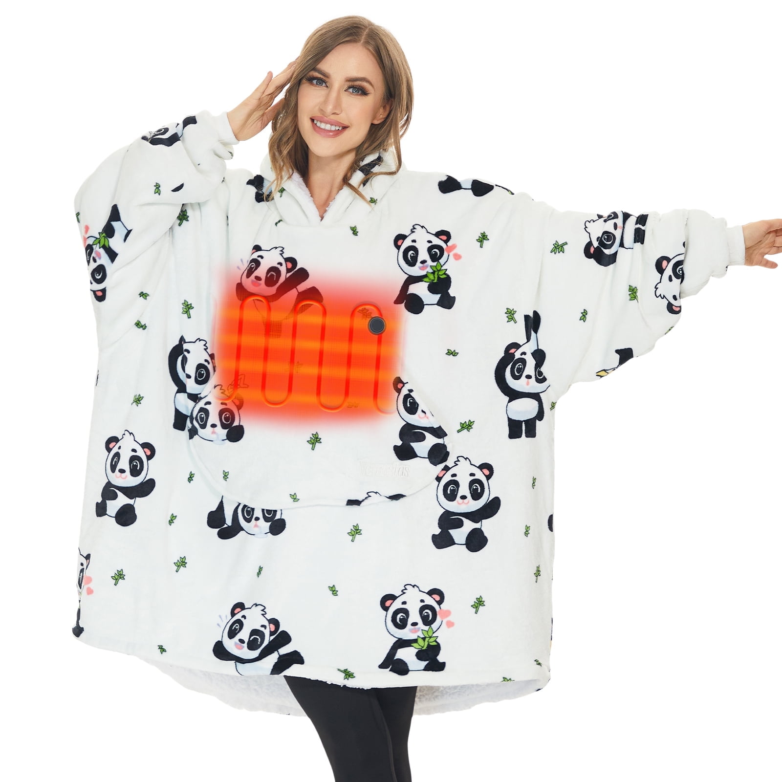 Panda Oversized Hoodie Blanket Sweatshirt - Super Soft Sherpa Reversible Pullover With Large Pocket