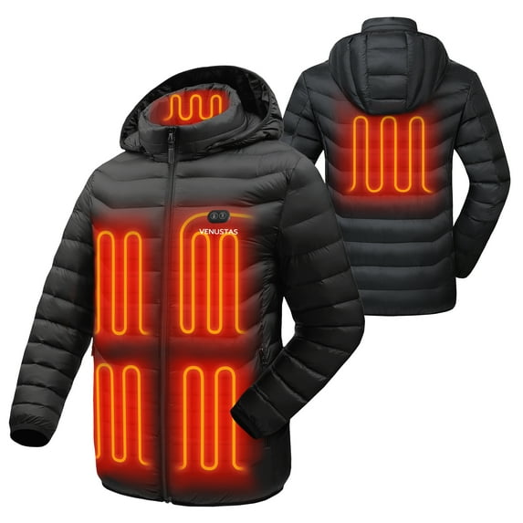 Venustas Unisex Heated Jacket with Battery, Separate Front & Back Heating Controls, Electric Puffer Coat for Women & Men (Black, XS)