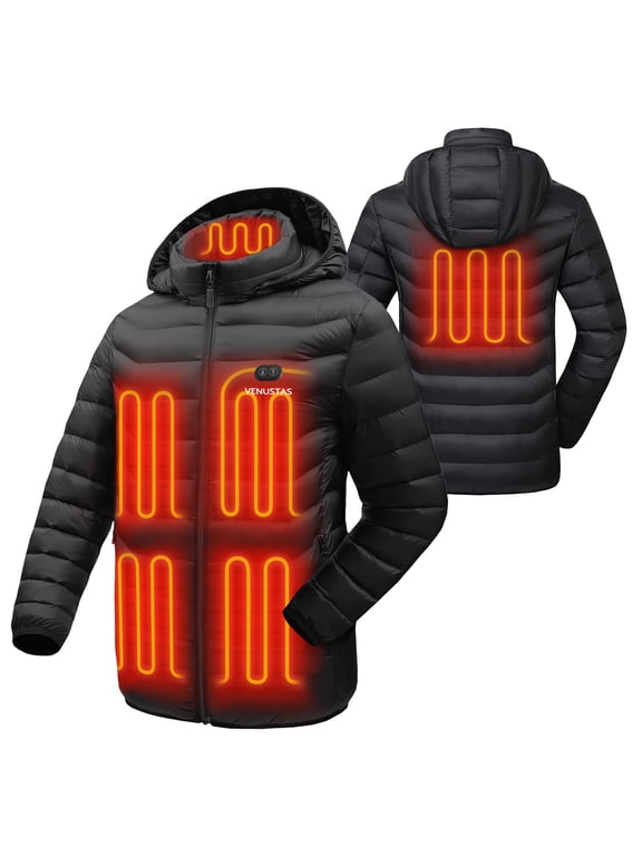 Unisex Heated Jacket with Battery, Separate Front & Back Heating Controls, Electric Puffer Coat for Women & Men (Black, XS)