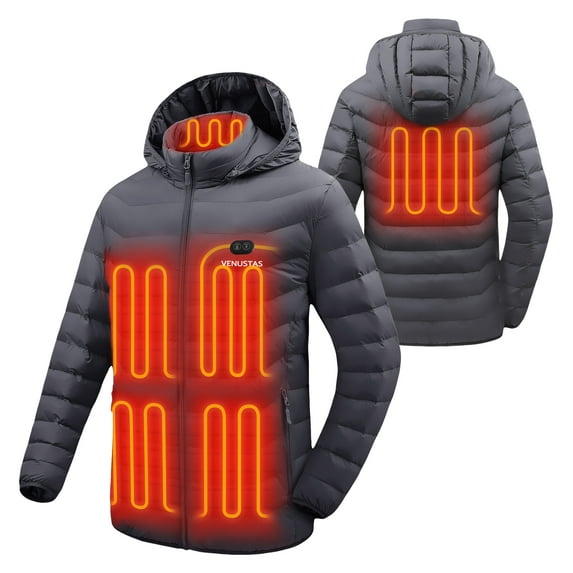 Venustas Unisex Heated Jacket with Battery Pack 7.4V, Winter Heated Coat for Women and Men, 6 Heating Zones, Detachable Hood