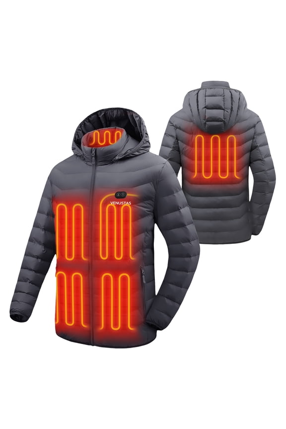 Unisex Heated Jacket with Battery Pack 7.4V, Winter Heated Coat for Women and Men, 6 Heating Zones, Detachable Hood