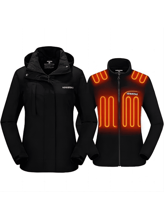 Women’s 3-in-1 Heated Jacket with Battery, Waterproof Jacket with Detachable Hood for Skiing, Hiking, S
