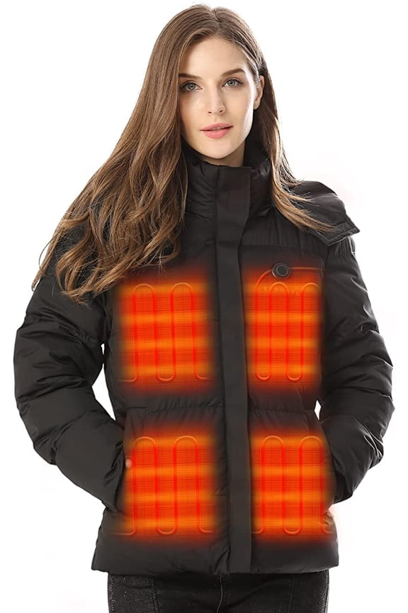Women's Down Heated Jacket with Battery Pack 7.4V and Detachable Hood, 5 Heating Zones, Heated Coat for Women (Black,2XL)