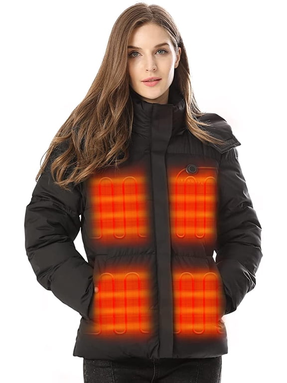 Women's Down Heated Jacket with Battery Pack 7.4V and Detachable Hood, 5 Heating Zones, Heated Coat for Women (Black,3XL)