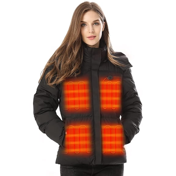 Venustas Women's Down Heated Jacket with Battery Pack 7.4V and Detachable Hood, 5 Heating Zones, Heated Coat for Women (Black,XS)