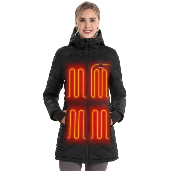 Venustas Women's Long Heated Down Jacket with Battery Pack, Rechargeable Puffer Winter Coat (Black, S)