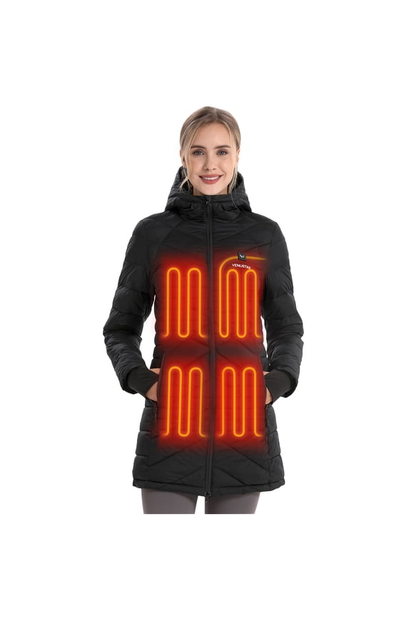 Women's Long Heated Down Jacket with Battery Pack, Rechargeable Puffer Winter Coat (Black, XL)