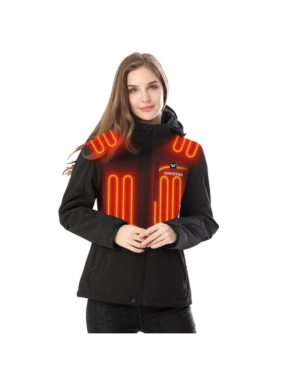 Women's Heated Jacket with Battery Pack 7.4V, Windproof Detachable Hood USB Charging Winter Heated Coat for Hiking Skiing Camping (Black, 3XL)