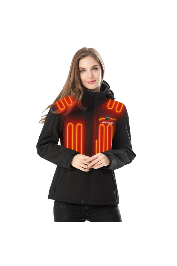 Women's Heated Jacket with Battery Pack 7.4V, Windproof Detachable Hood USB Charging Winter Heated Coat for Hiking Skiing Camping (Black, XS)