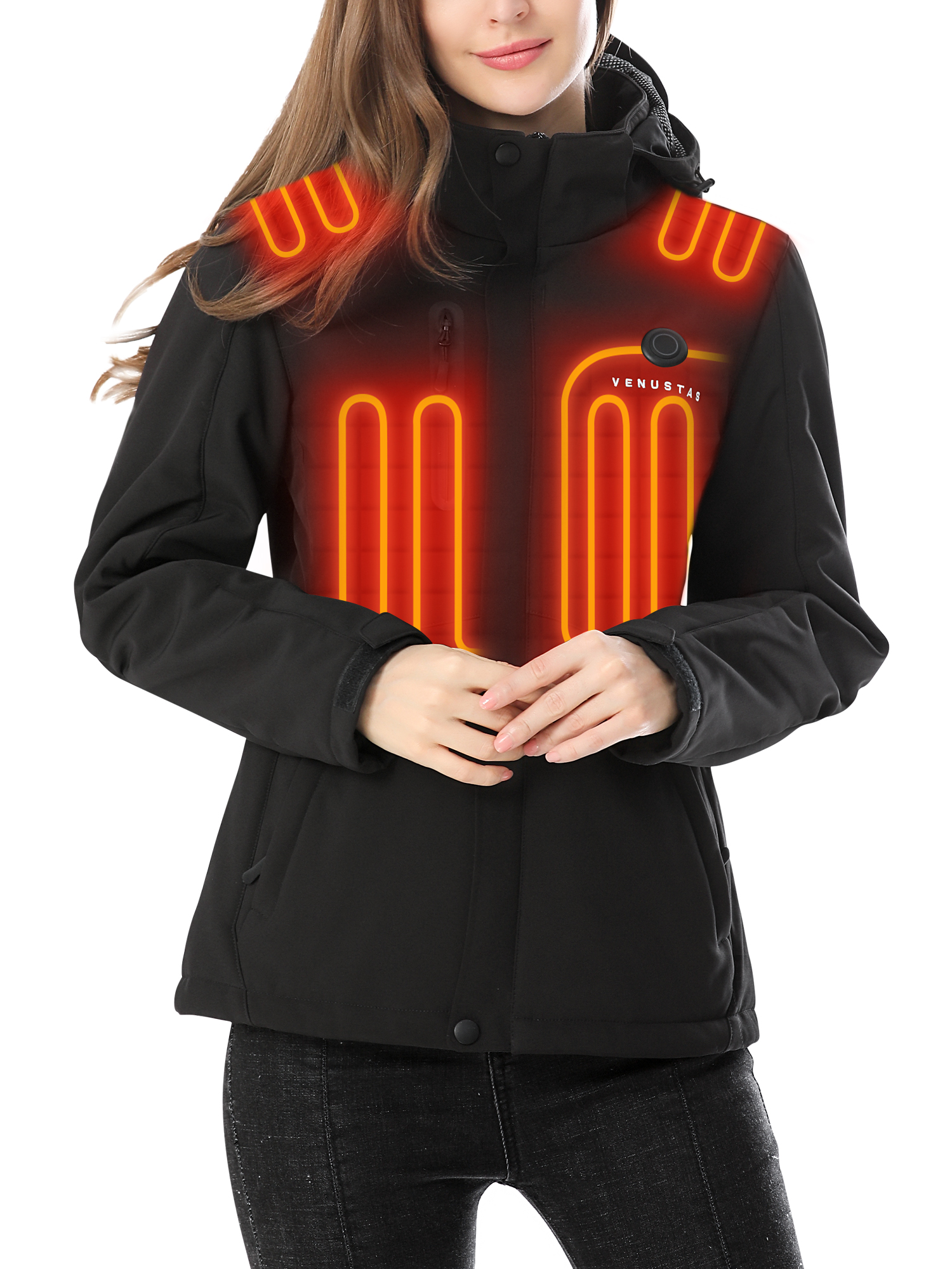 PTAHDUS Women's Heated Jacket Soft Shell with Hand Warmer, with 7.4V